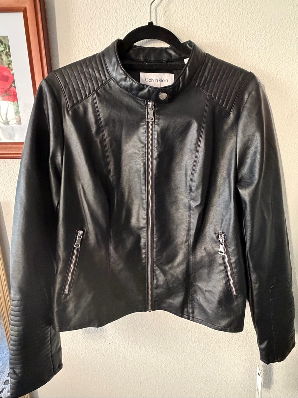 Calvin Klein Black Faux Leather Quilted Shoulder Moto Jacket